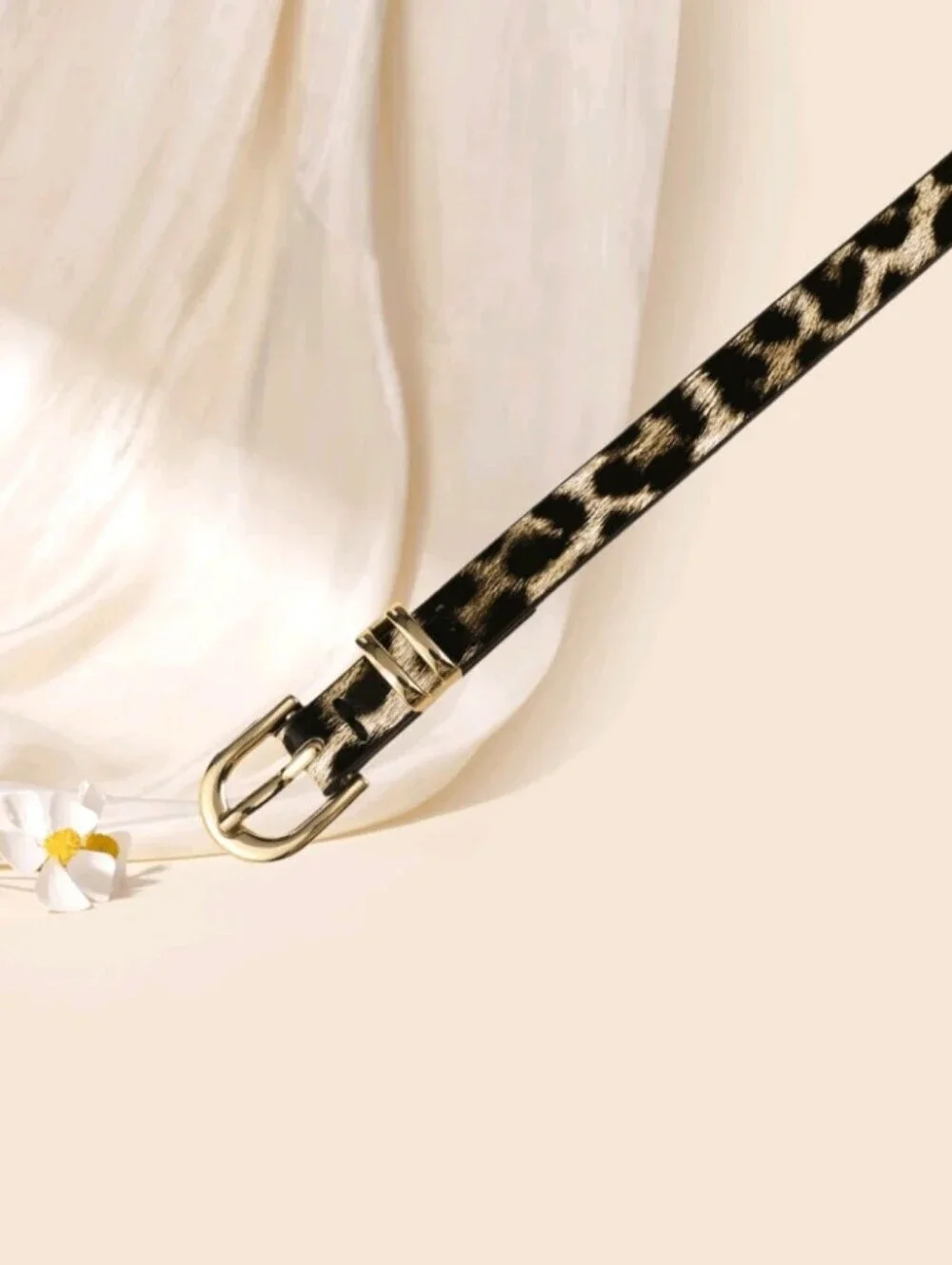 Leopard Print Vegan Leather Skinny Belt with Golden Buckle